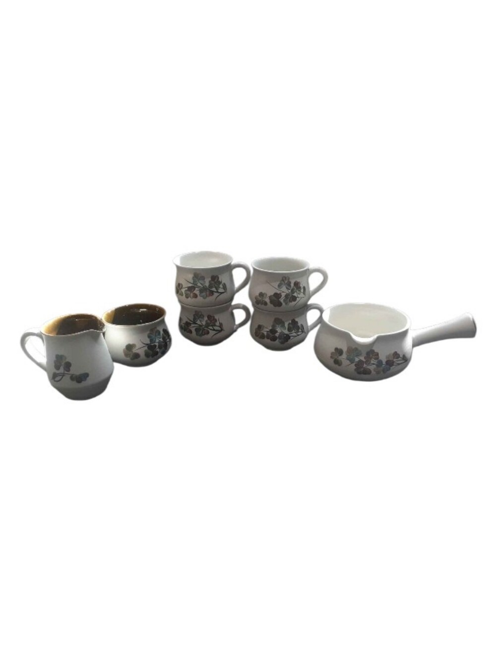 Denby Vintage Retired Shamrock 7 Pieces: Gravy Boat, 4 Cups, Creamer, Sugar Bowl